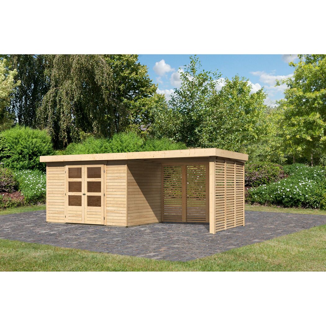 Karibu Gartenhaus-Set 'Raskola 4' naturbelassen mit Anbaudach und Feuerholzoption 591,5 x 211 x 238 cm