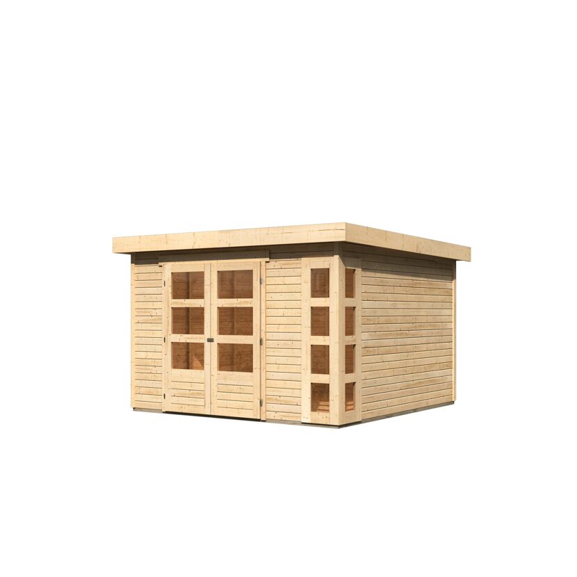 Gartenhaus aus Holz mit großen Fenstern
