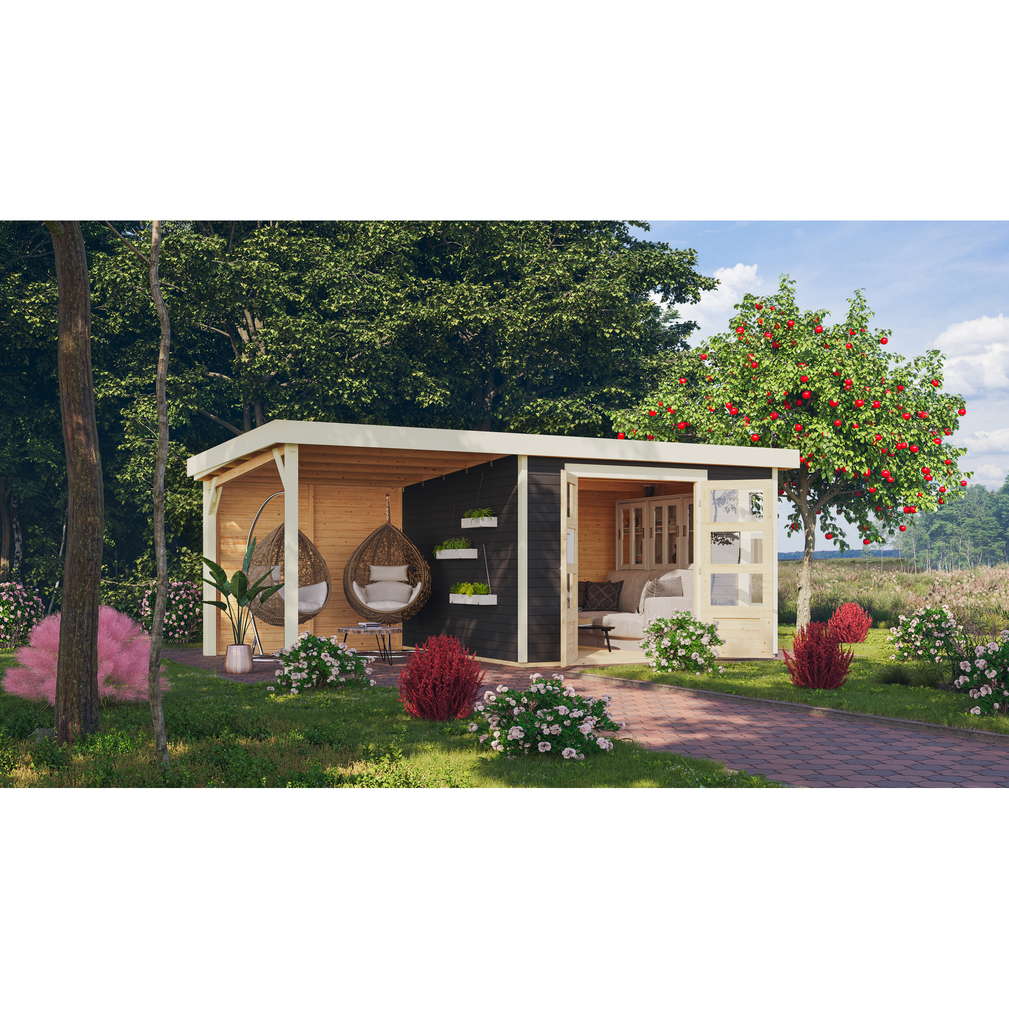Gartenhaus mit Hängesesseln und Apfelbaum