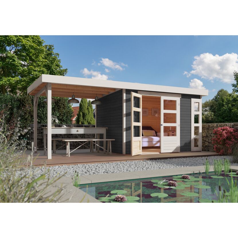 Gartenhaus mit Überdachung und Teich