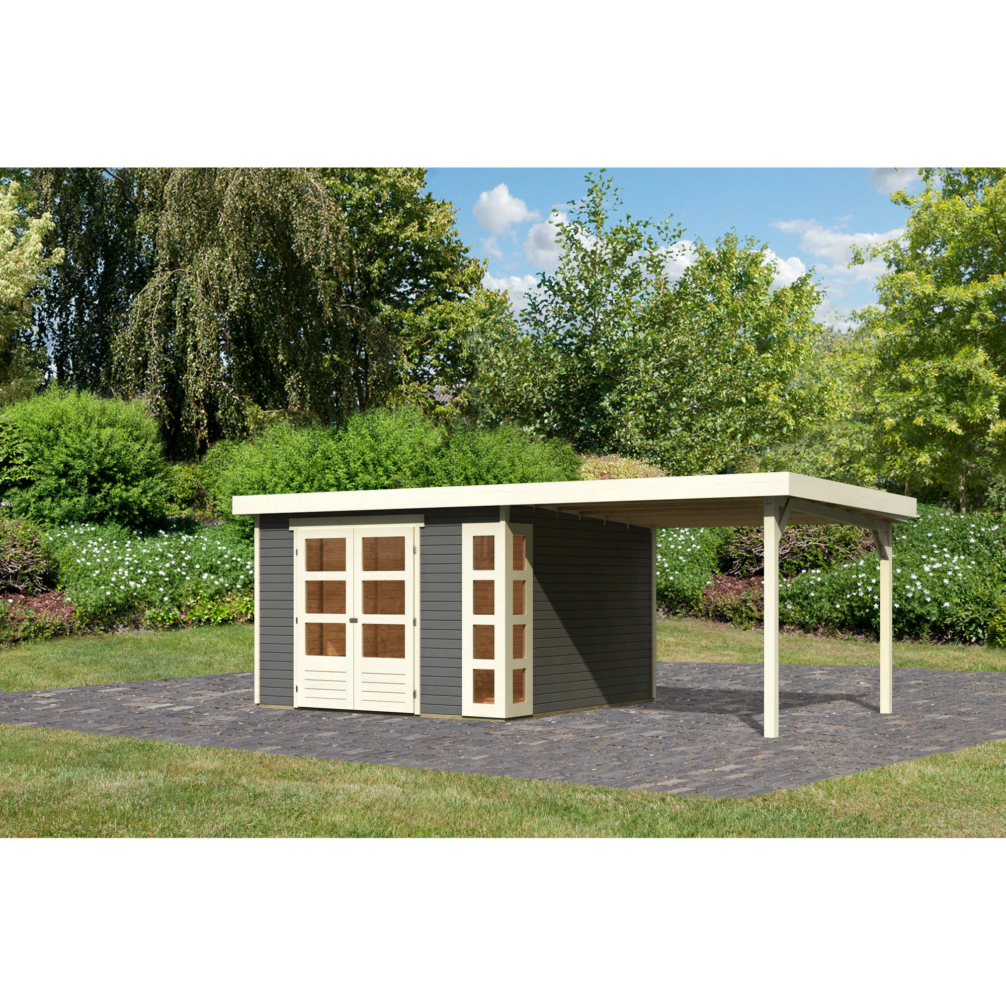 Karibu Gartenhaus-Set 'Terko 6' terragrau mit Anbaudach 595,5 x 216 x 331 cm