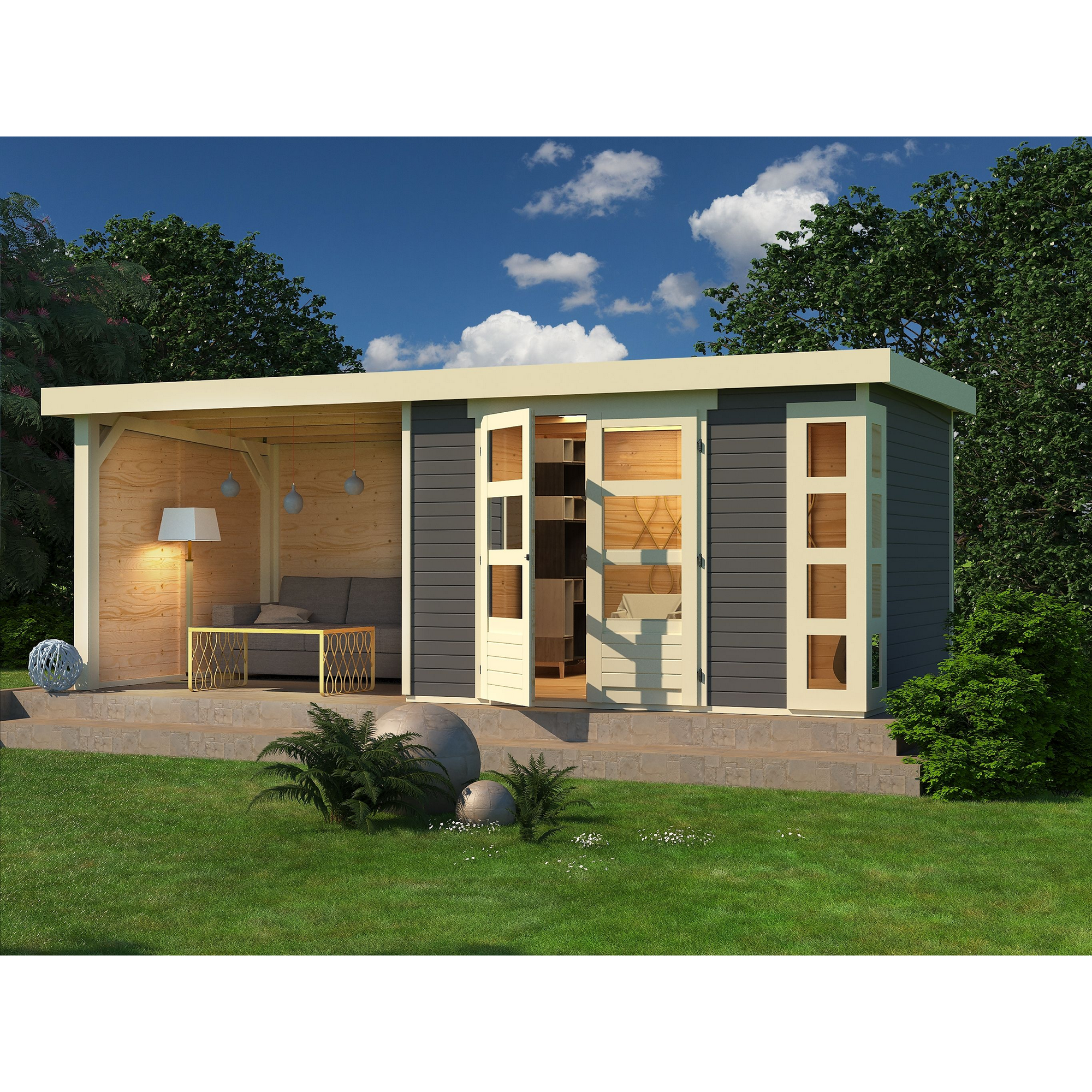 Gartenhaus-Set 'Terko 5' terragrau mit Anbaudach, Seiten- und Rückwand 591,5 x 210 x 262 cm