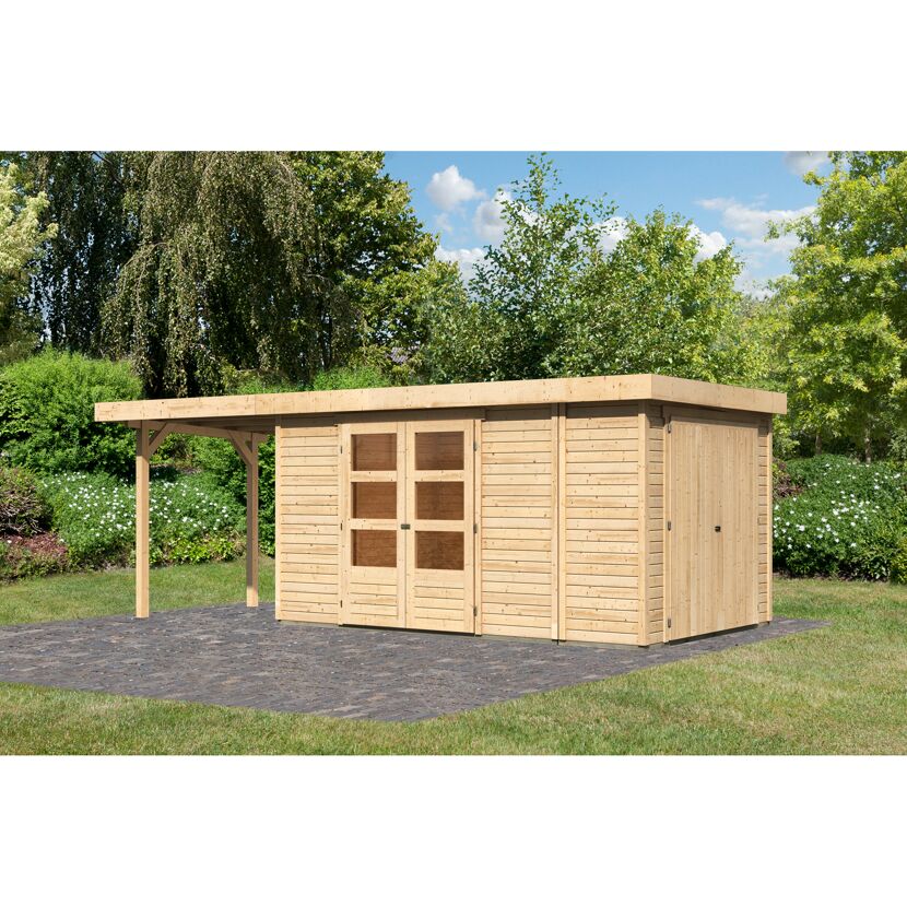 Gartenhaus aus Holz mit Doppeltür und Vordach