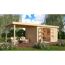 Gartenhaus aus Holz mit Überdachung und Gartenmöbeln