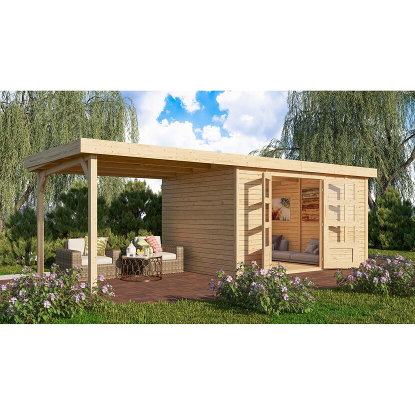 Gartenhaus aus Holz mit Überdachung und Gartenmöbeln