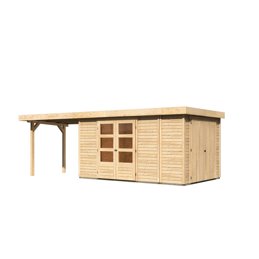 Gartenhaus aus Holz mit Doppeltür und Anbau