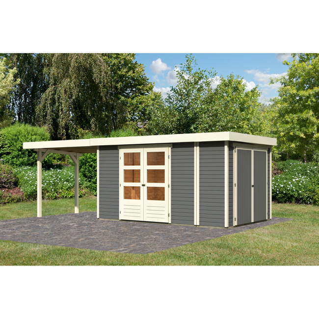 Bild von Gartenhaus-Set 'Betola 6' terragrau mit Anbauschrank und Schleppdach 330 x 211 x 262 cm