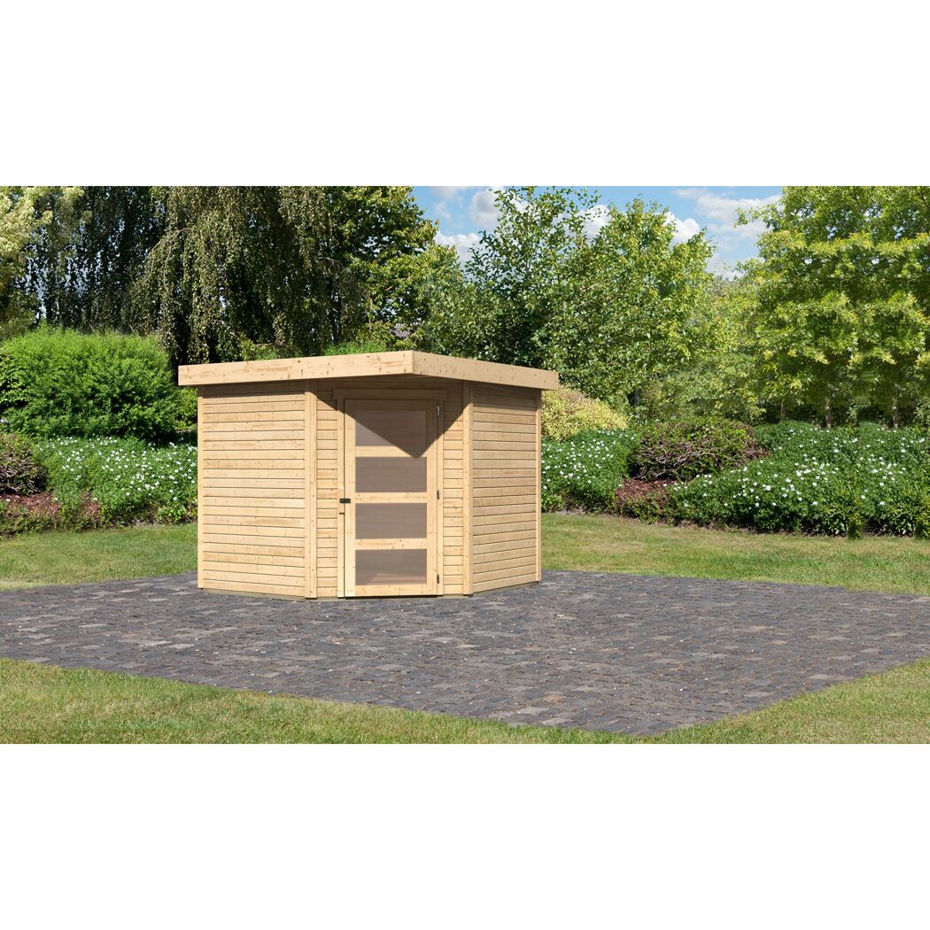 Eckgartenhaus aus Holz auf Terrasse
