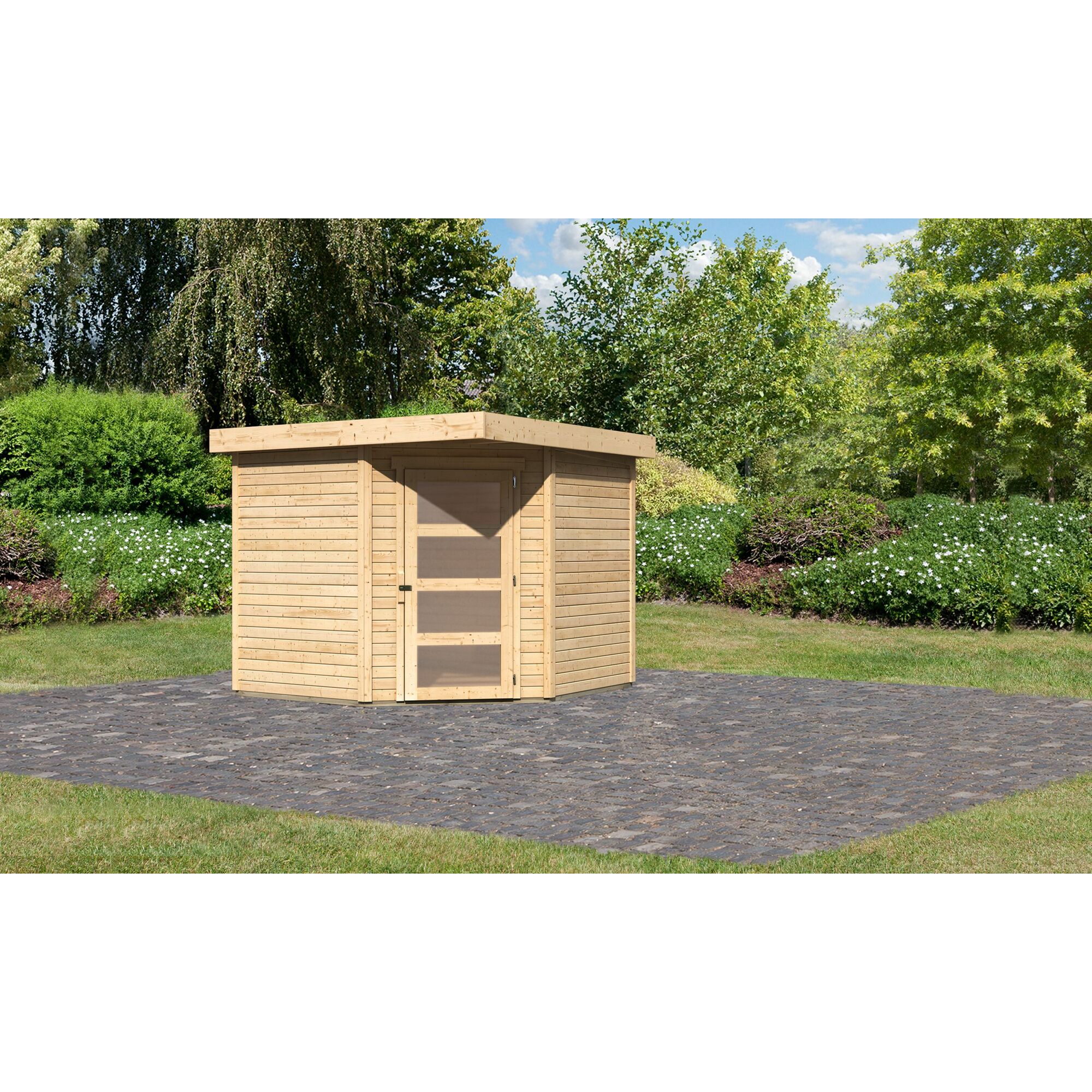 Eckgartenhaus aus Holz auf Terrasse