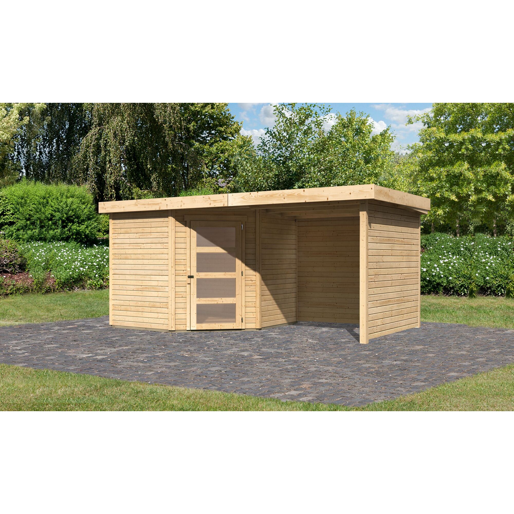 Gartenhaus aus Holz mit Anbauschuppen