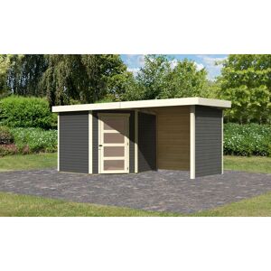 Gartenhaus-Set 'Krähendorf 5' terragrau mit Anbaudach, Seiten- und Rückwand 492,5 x 218 x 262 cm