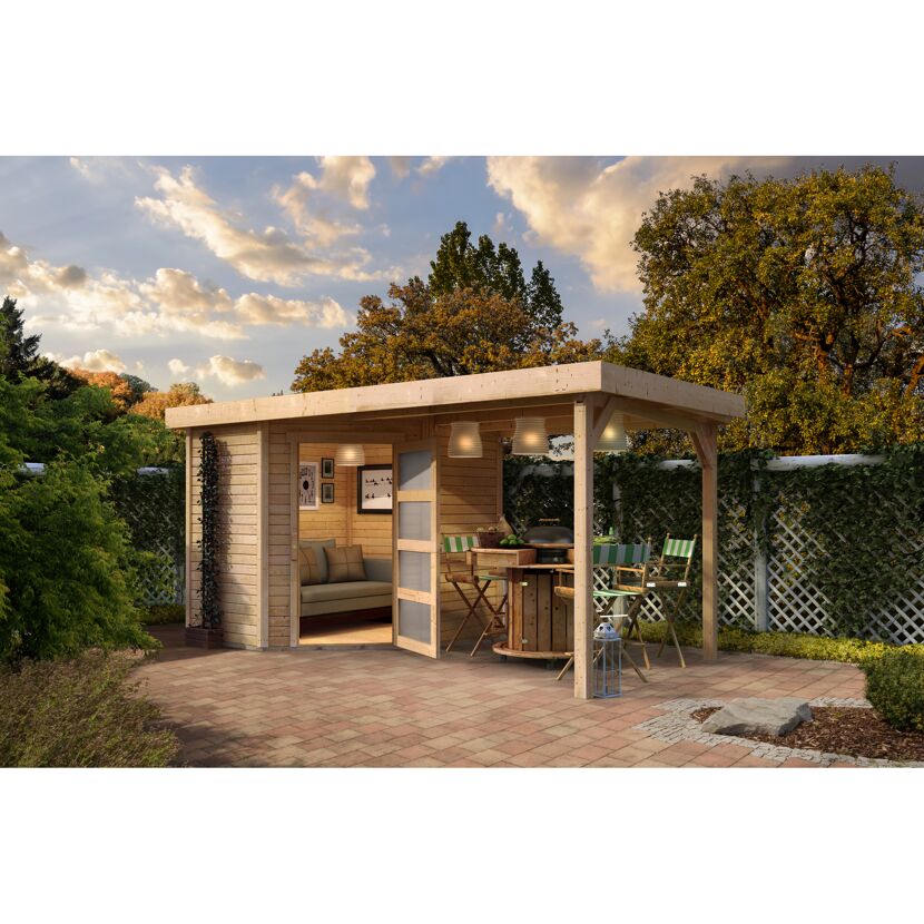 Gartenhaus-Set 'Krähendorf 3' naturbelassen mit Anbaudach 504,5 x 218 x 238 cm