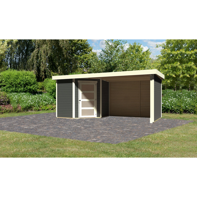 Bild von Gartenhaus-Set 'Krähendorf 3' terragrau mit Anbaudach, Seiten- und Rückwand 504,5 x 218 x 238 cm
