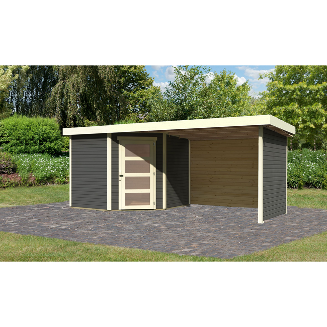 Bild von Gartenhaus-Set 'Krähendorf 5' terragrau mit Anbaudach, Seiten- und Rückwand 529,5 x 218 x 262 cm