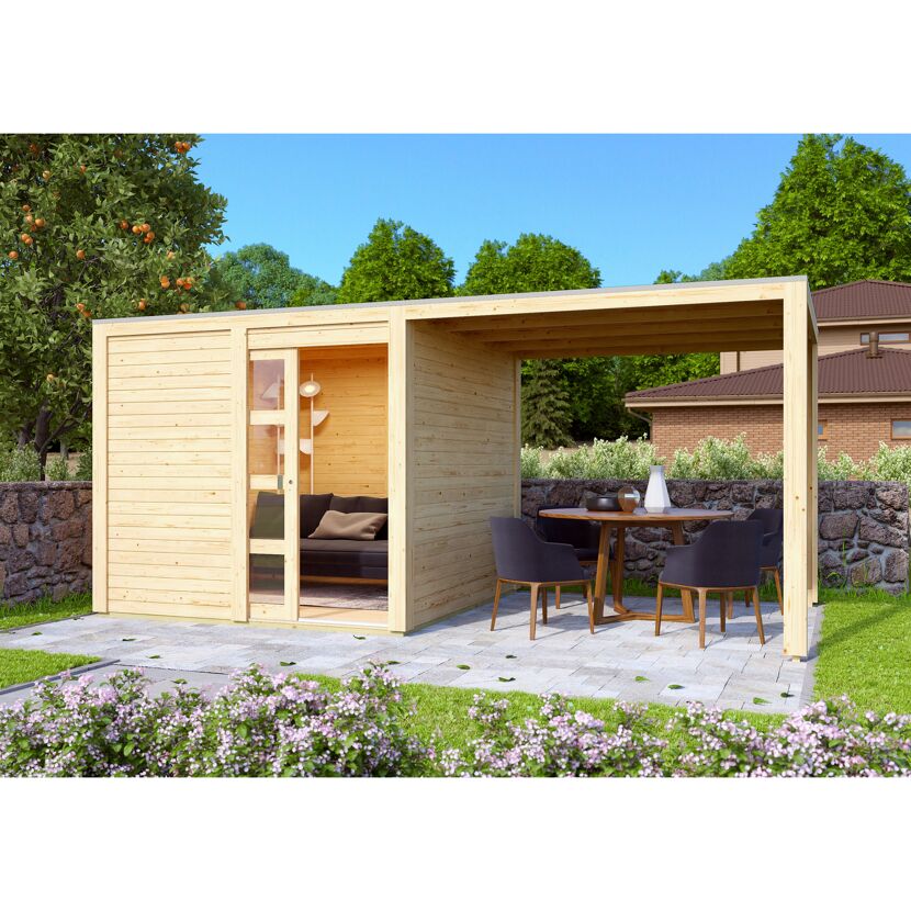 Gartenhaus aus Holz mit Überdachung und Gartenmöbeln