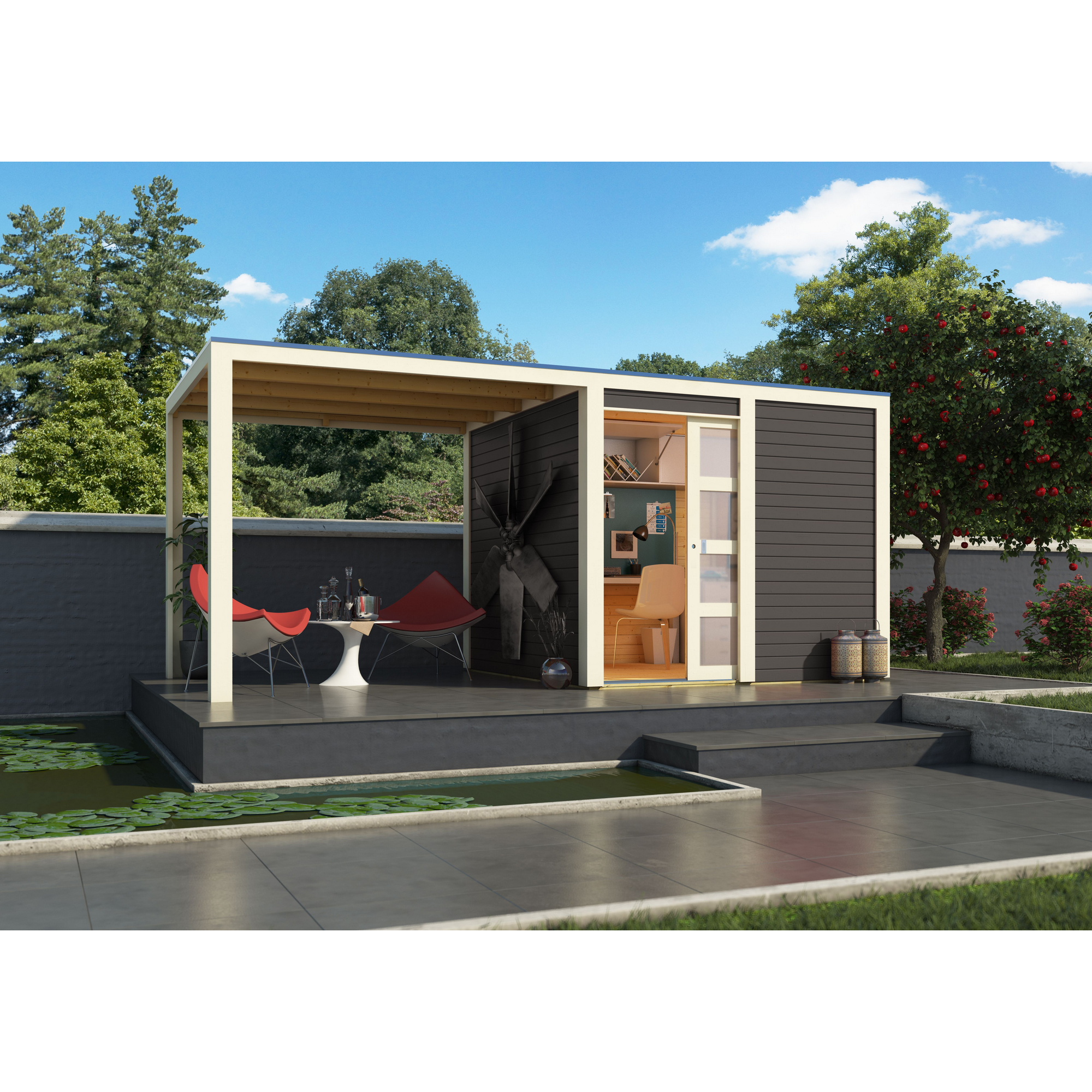 Gartenhaus-Set 'Quadrado 1' terragrau mit Anbaudach 485 x 214 x 246 cm + product picture