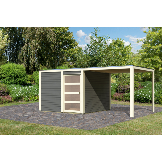 Bild von Gartenhaus-Set 'Quadrado 2' terragrau mit Anbaudach 542,5 x 214 x 276 cm