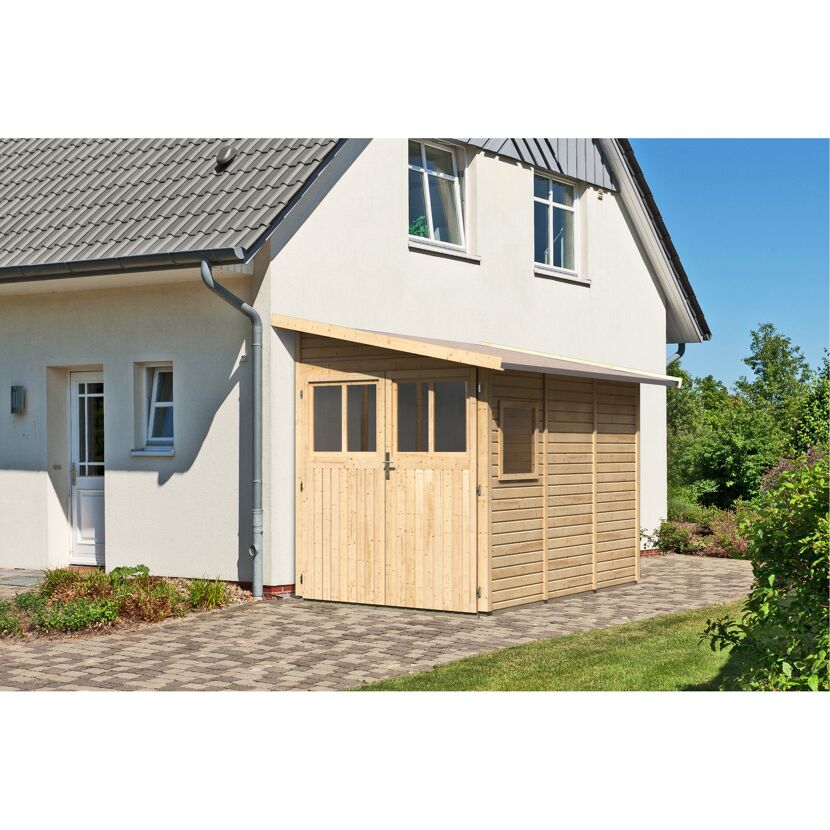 Holzgarage mit Doppeltür und Fenstern