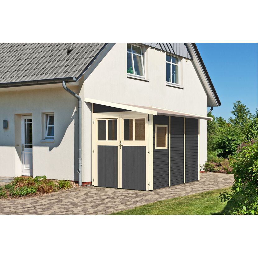 Gartenhaus grau mit Überdachung