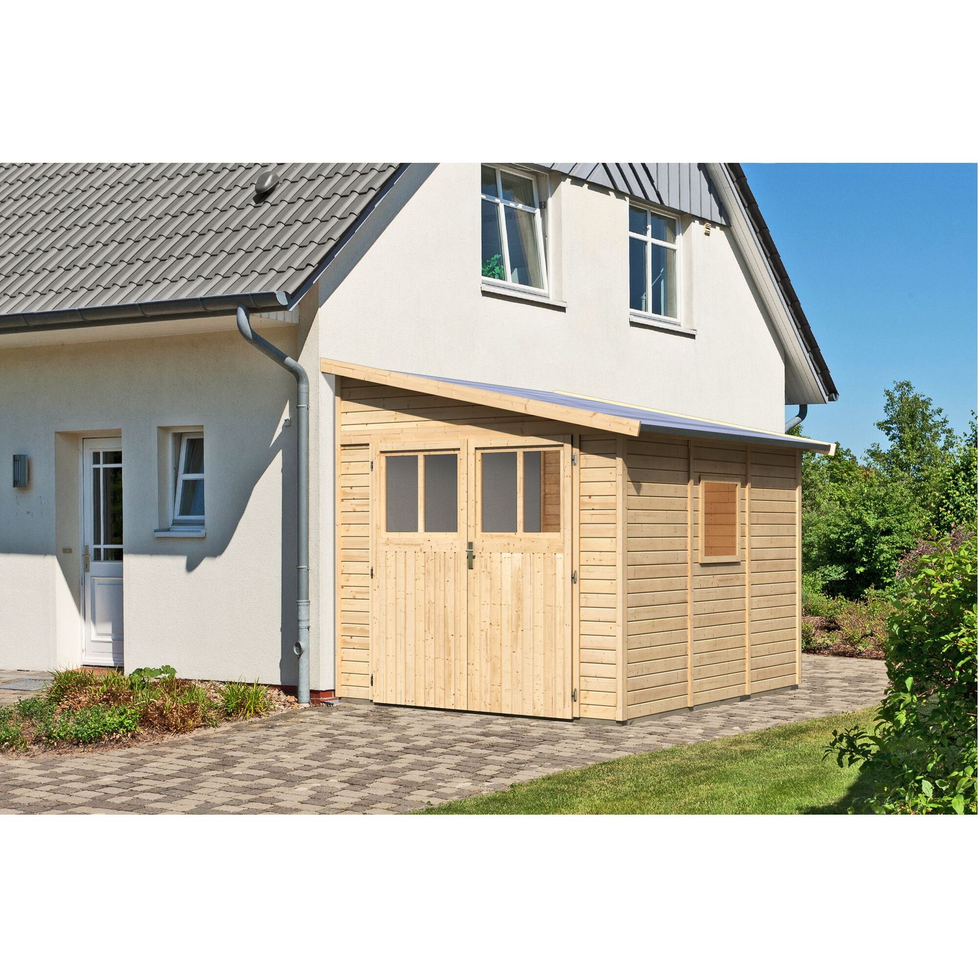 Holzschuppen mit Doppeltür an Hauswand