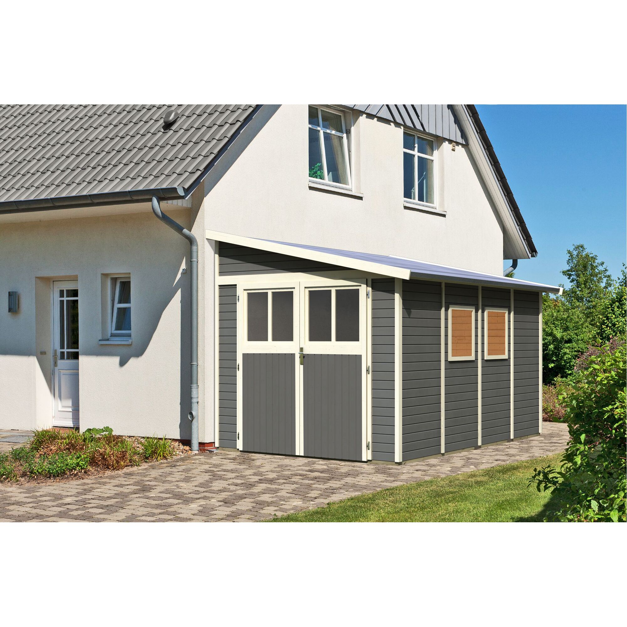 Grauer Geräteschuppen mit Flachdach an Hauswand