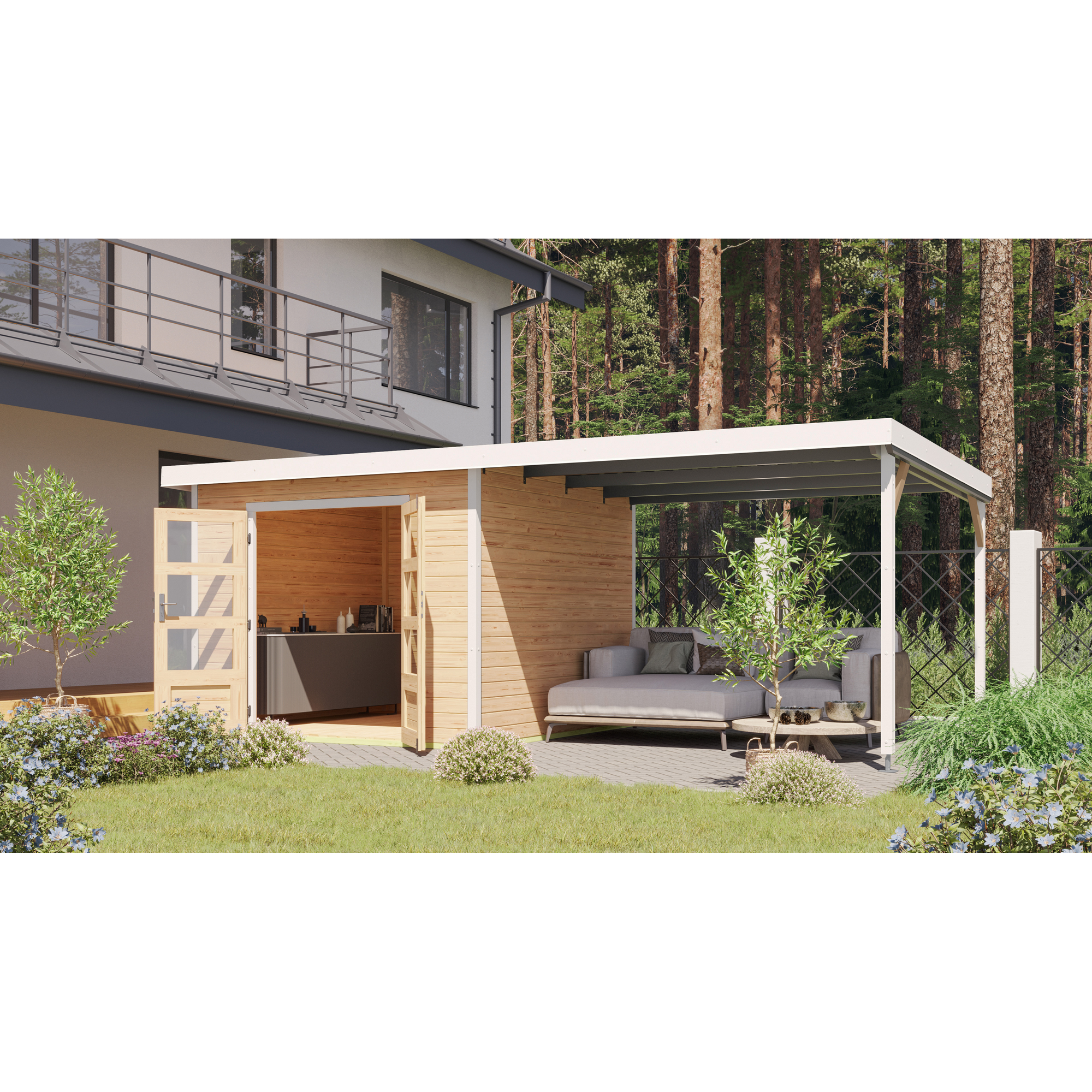 Gartenhaus-Set 'Meteor A' naturbelassen/weiß mit Anbaudach 595,5 x 218,5 x 292,4 cm