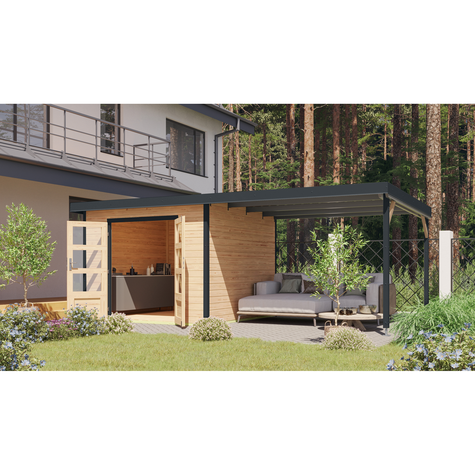 Gartenhaus-Set 'Meteor A' naturbelassen/anthrazit mit Anbaudach 595,5 x 218,5 x 292,4 cm