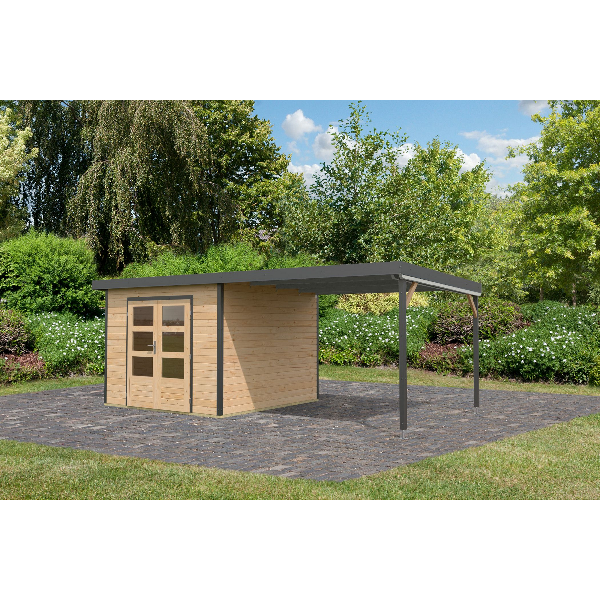 Gartenhaus-Set 'Meteor A' naturbelassen/anthrazit mit Anbaudach 595,5 x 218,5 x 292,4 cm