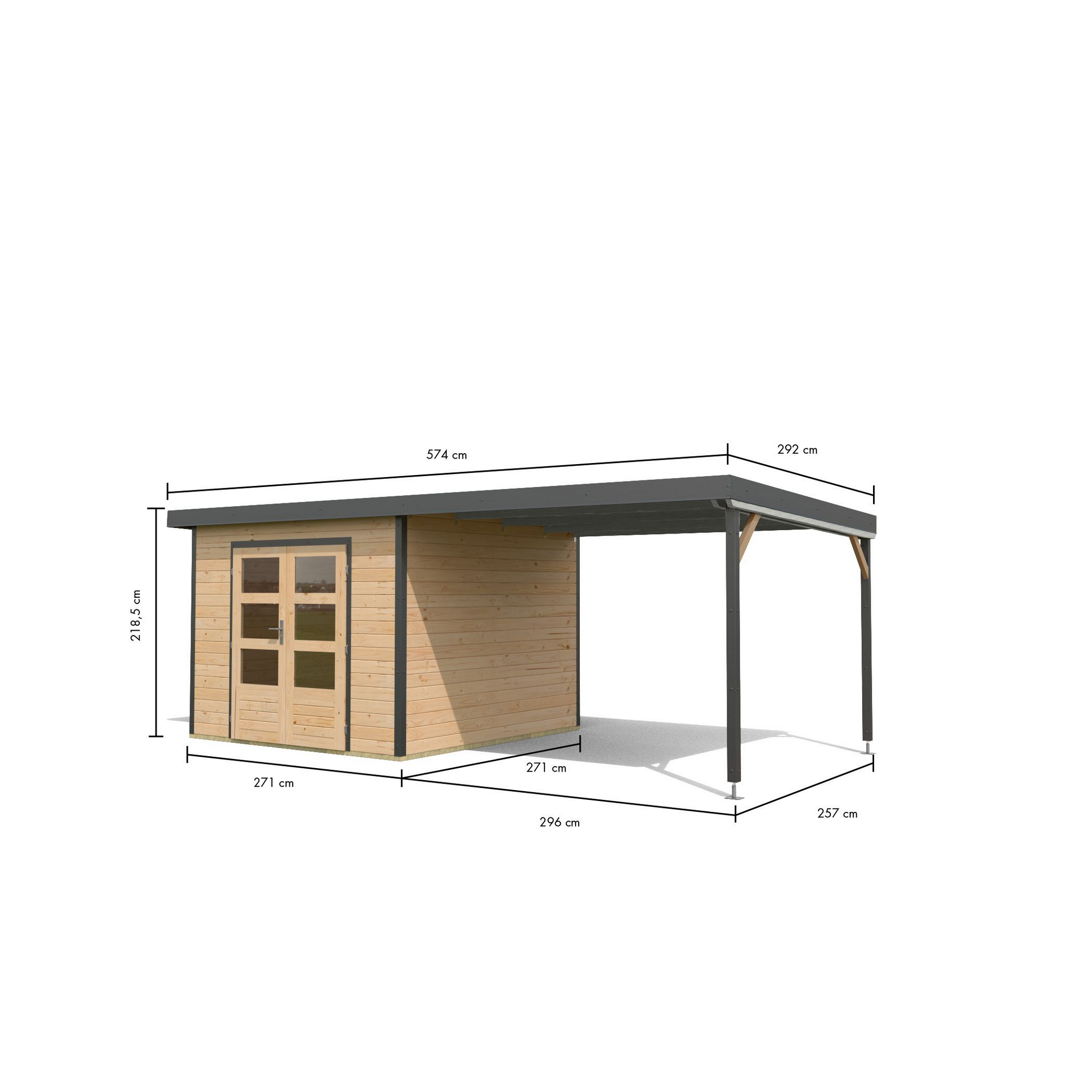 Gartenhaus-Set 'Meteor A' naturbelassen/anthrazit mit Anbaudach 595,5 x 218,5 x 292,4 cm