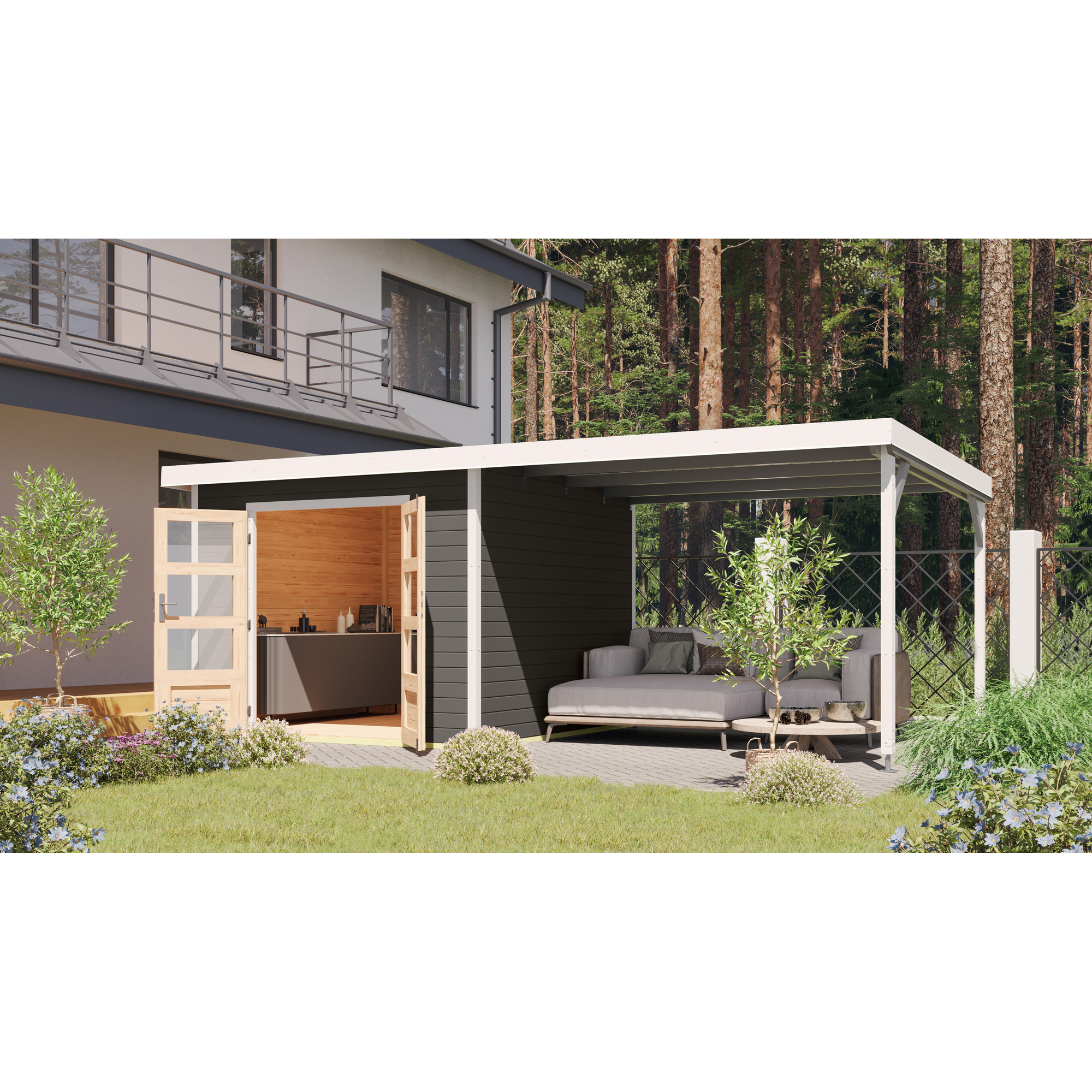 Gartenhaus-Set 'Meteor B' terragrau/weiß mit Anbaudach 309 x 218,5 x 292,4 cm