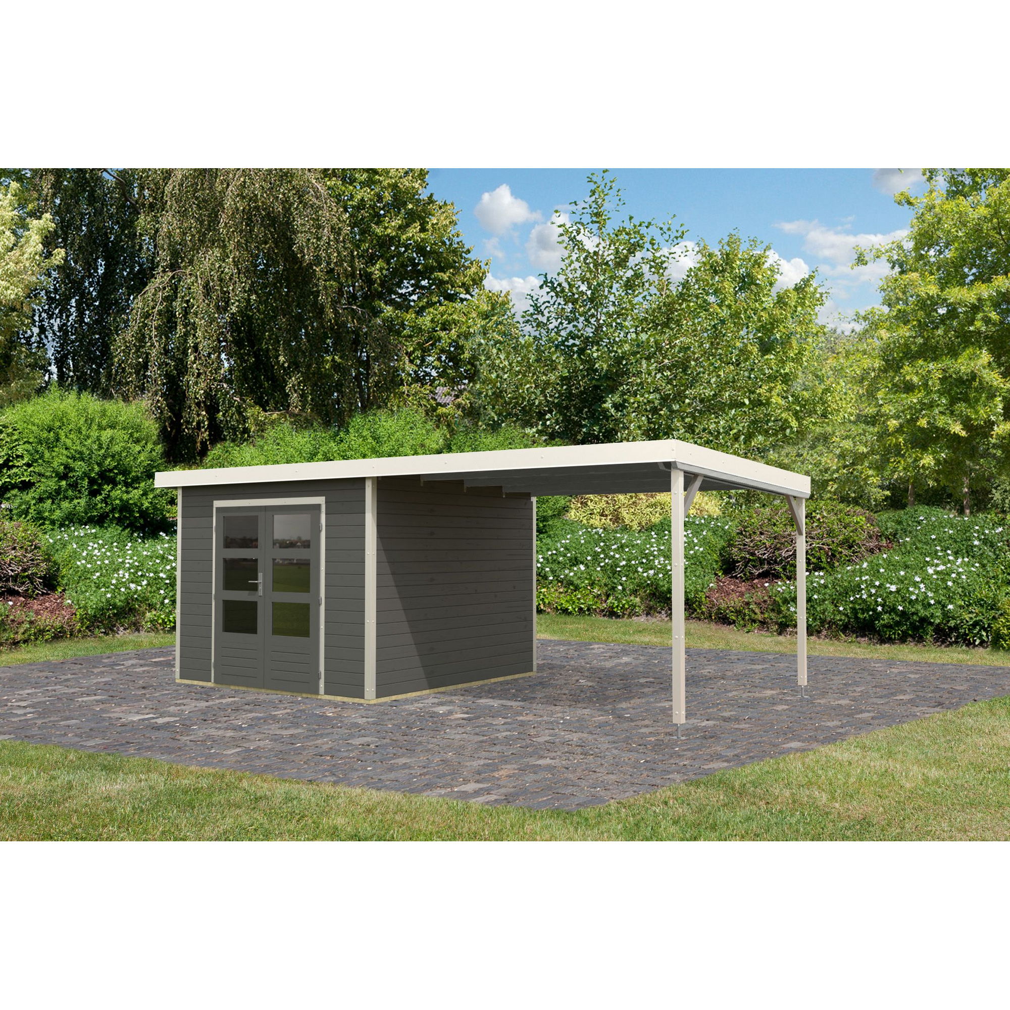Gartenhaus-Set 'Meteor B' terragrau/weiß mit Anbaudach 309 x 218,5 x 292,4 cm