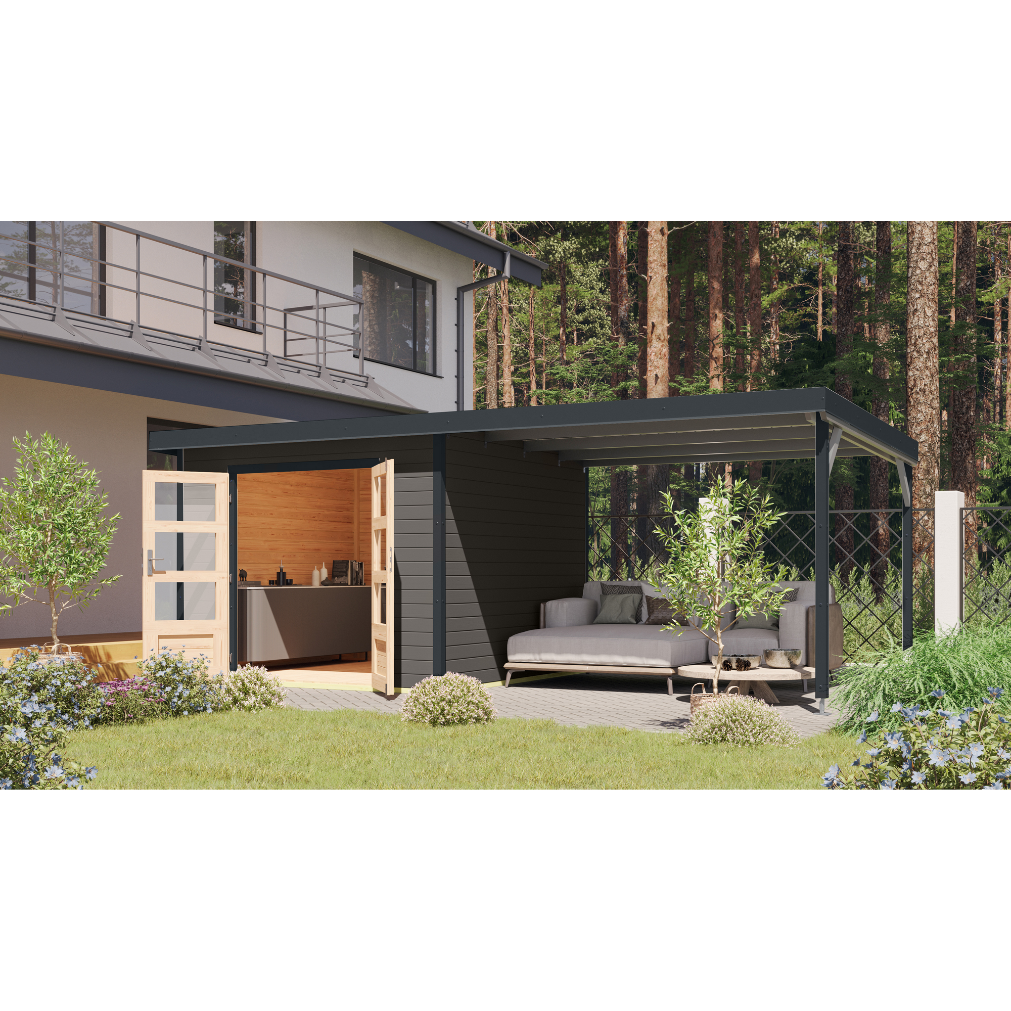 Gartenhaus-Set 'Meteor B' terragrau/anthrazit mit Anbaudach 309 x 218,5 x 292,4 cm