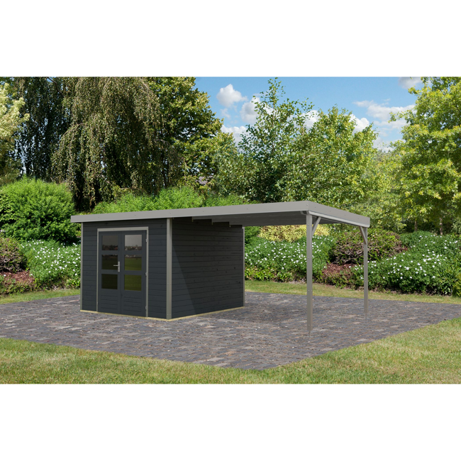 Bild von Gartenhaus-Set 'Meteor C' anthrazit/staubgrau mit Anbaudach 595,5 x 218,5 x 292,4 cm