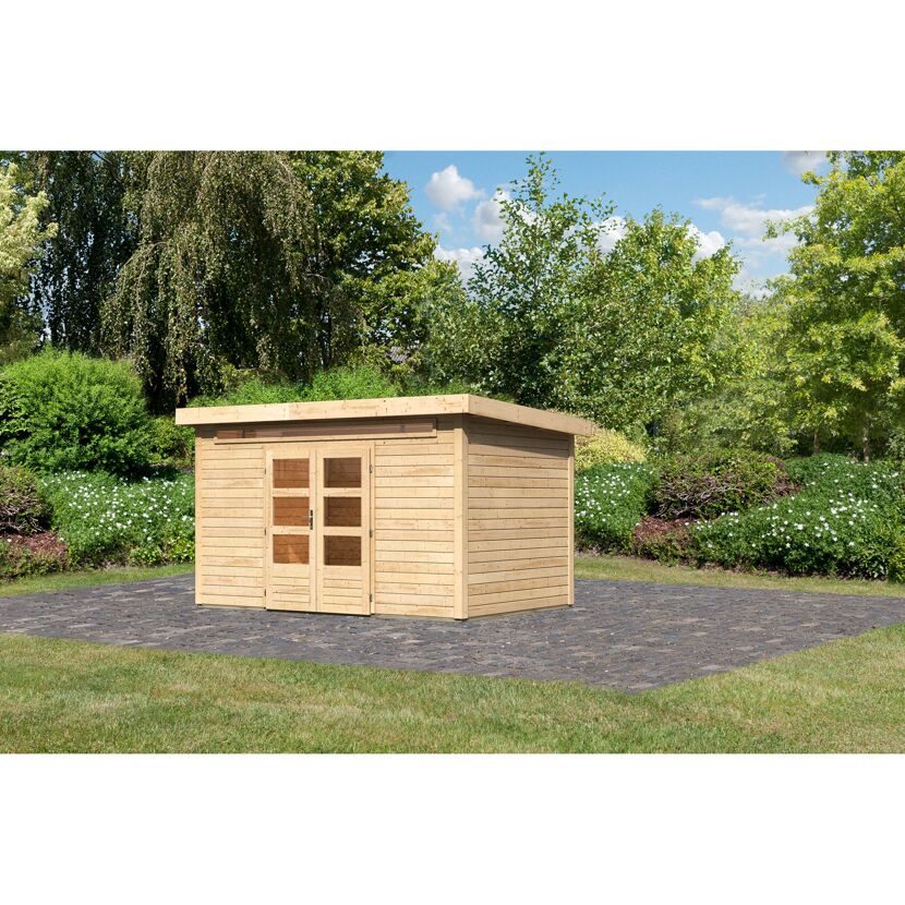 Gartenhaus aus Holz mit begrünten Dach