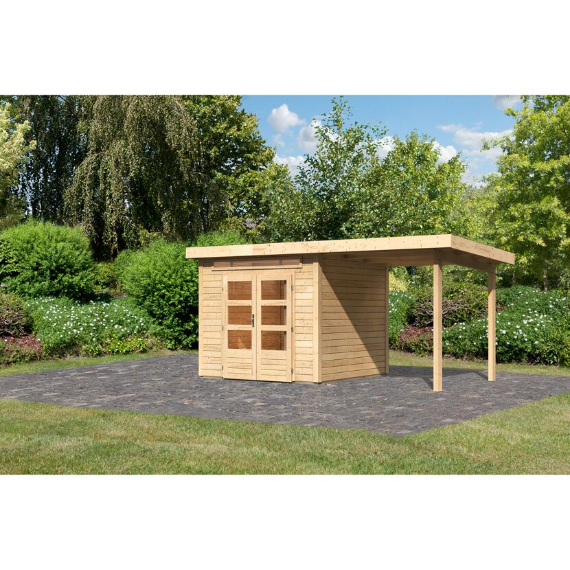 Gartenhaus-Set 'Landern 3' naturbelassen mit Anbaudach 495 x 222 x 273 cm