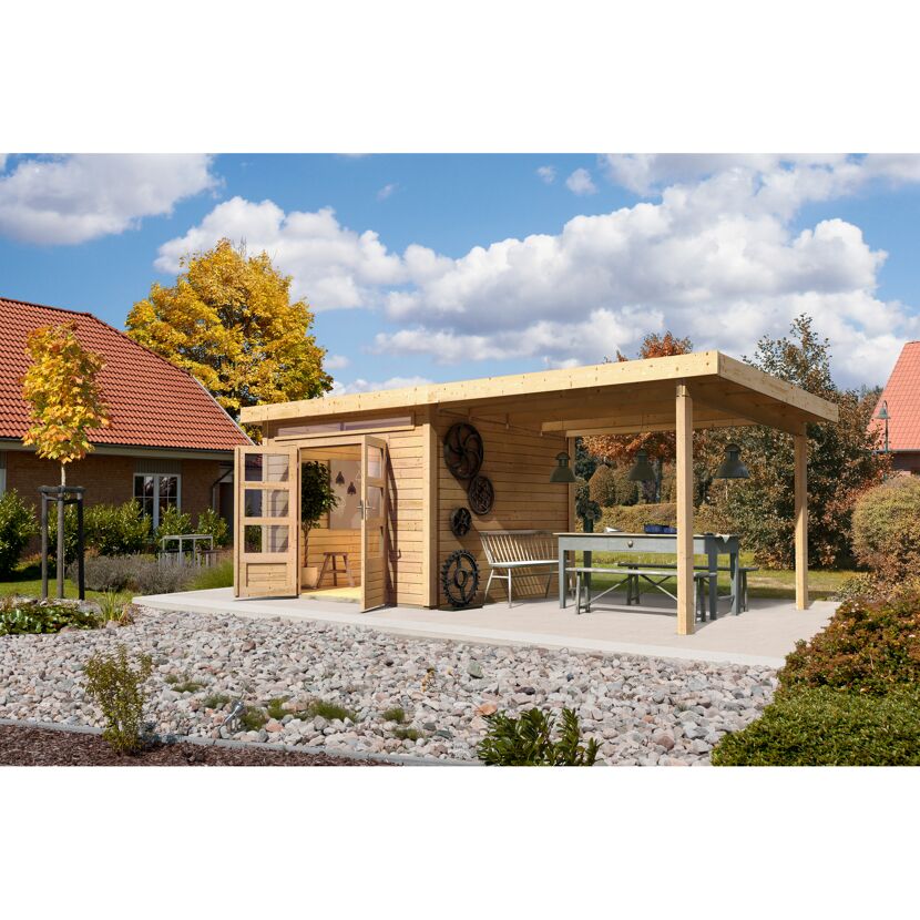 Gartenhaus mit Überdachung und Tisch