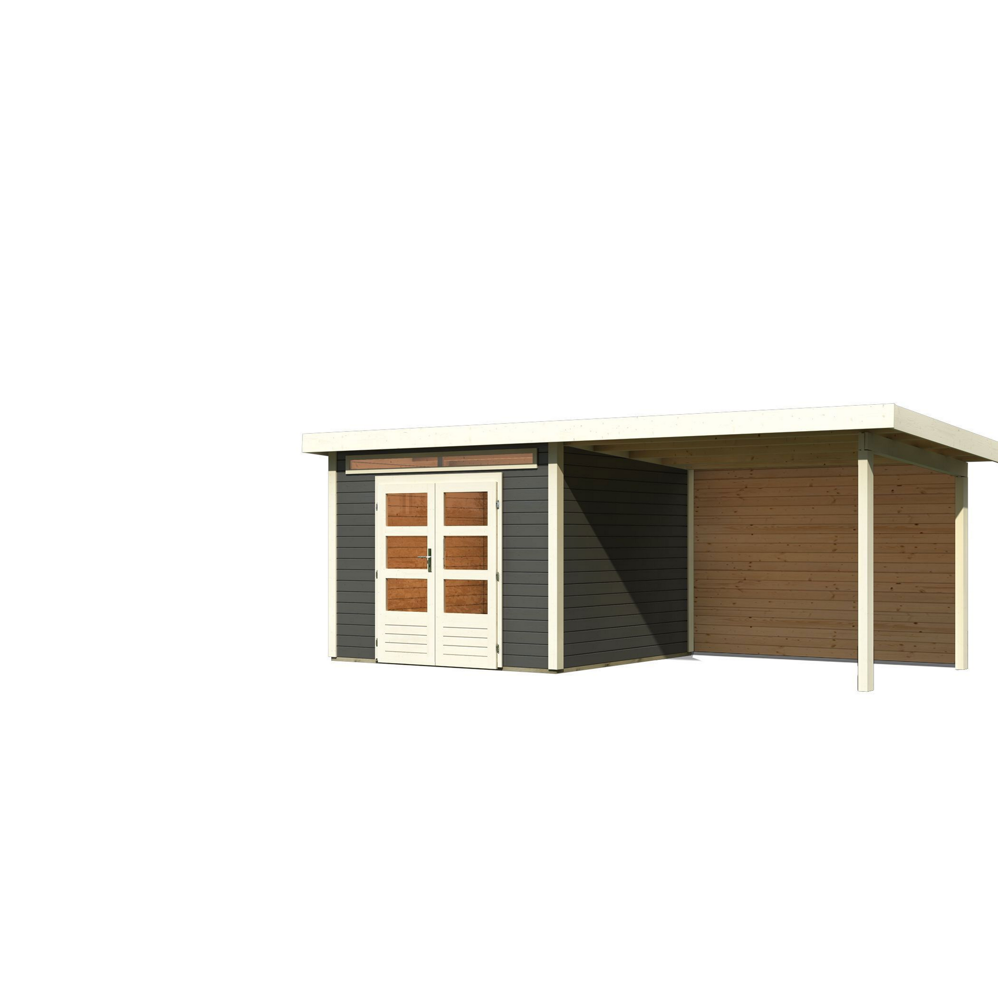 Gartenhaus-Set 'Landern 6' terragrau mit Anbaudach und Rückwand 612 x 222 x 303 cm