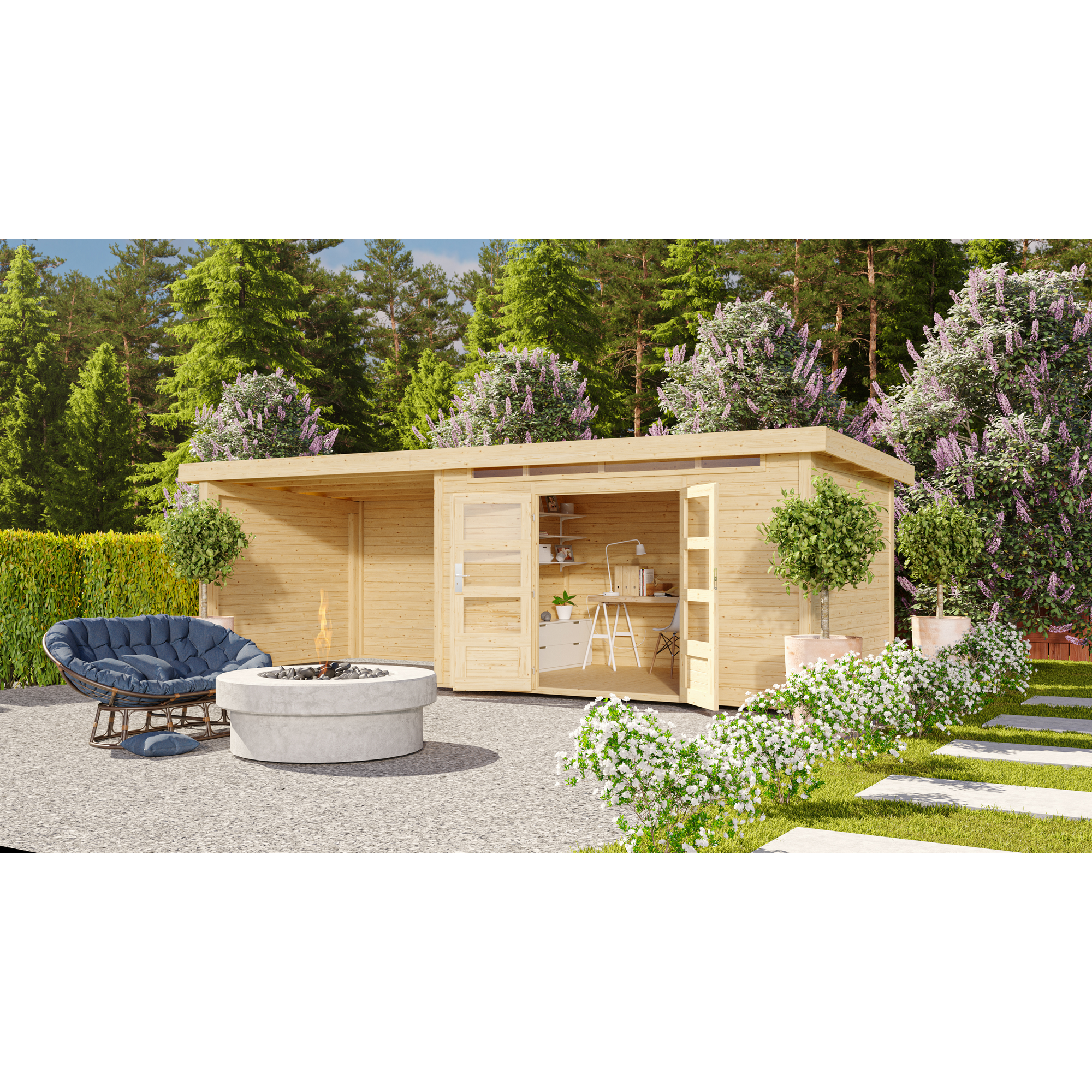 Gartenhaus-Set 'Landern 7' naturbelassen mit Anbaudach und Rückwand 702 x 222 x 273 cm + product picture