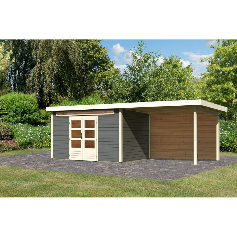 Gartenhaus-Set 'Landern 7' terragrau mit Anbaudach und Rückwand 702 x 222 x 273 cm