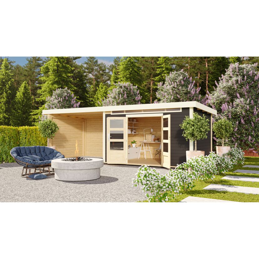 Gartenhaus-Set 'Landern 7' terragrau mit Anbaudach und Rückwand 702 x 222 x 273 cm