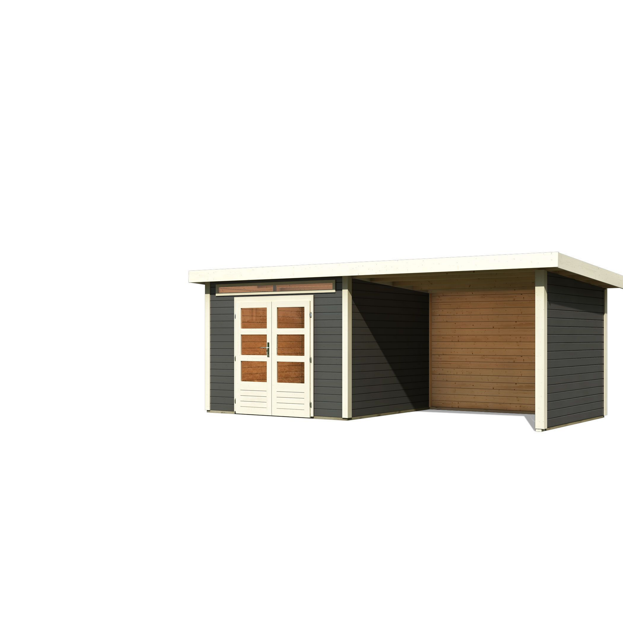 Gartenhaus-Set 'Landern 6' terragrau mit Anbaudach, Seiten- und Rückwand 612 x 222 x 303 cm