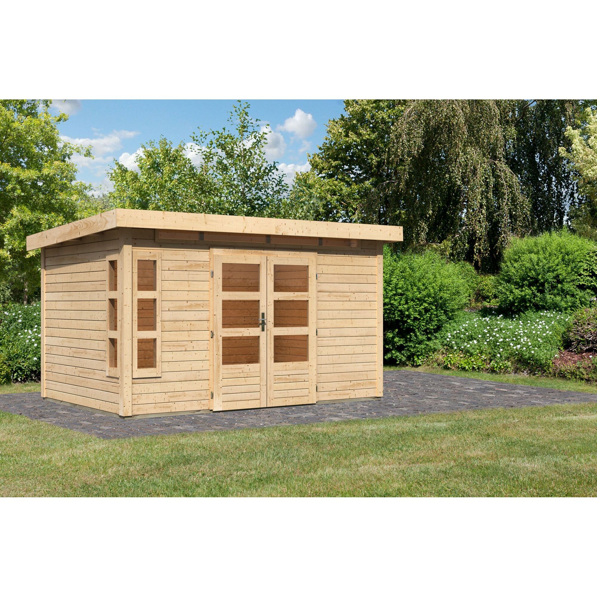 Gartenhaus aus Holz mit Doppeltür und Fenstern