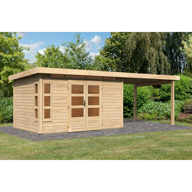 Bild von Gartenhaus-Set 'Mastorf 7' naturbelassen mit Anbaudach 702 x 222 x 273 cm