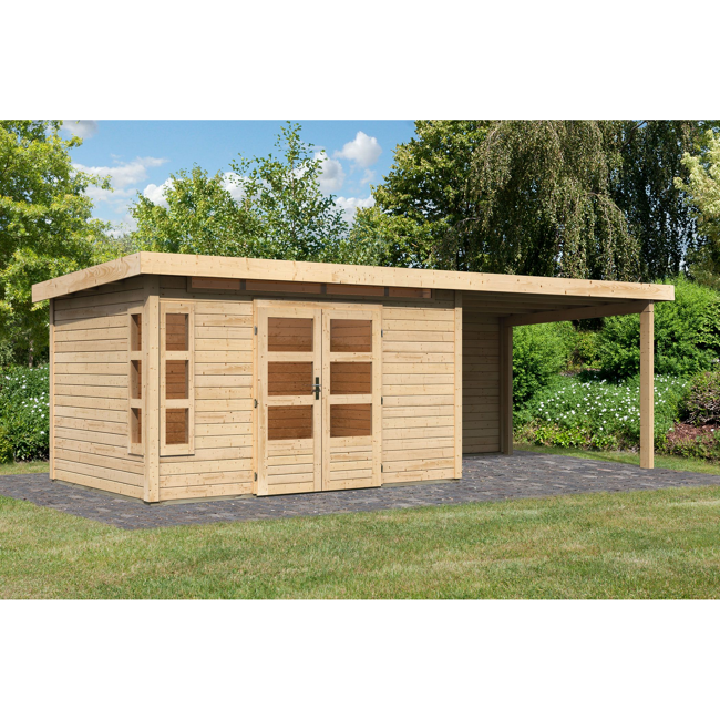 Bild von Gartenhaus-Set 'Mastorf 7' naturbelassen mit Anbaudach und Rückwand 702 x 222 x 273 cm