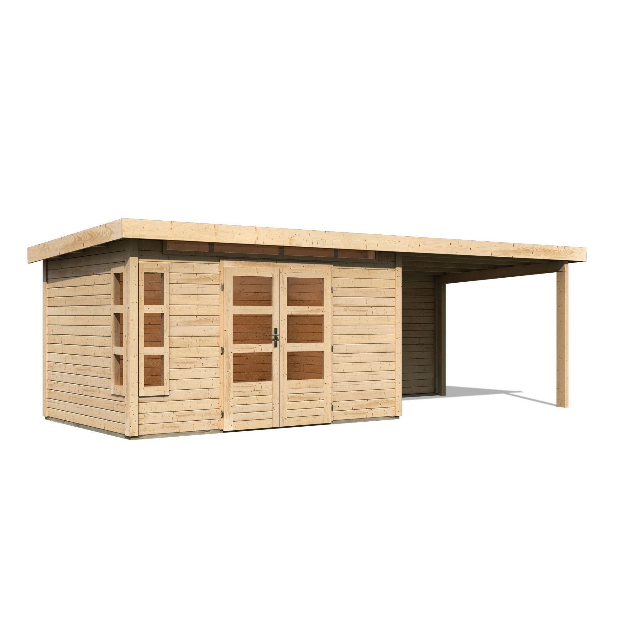 Gartenhaus-Set 'Mastorf 7' naturbelassen mit Anbaudach und Rückwand 702 x 222 x 273 cm