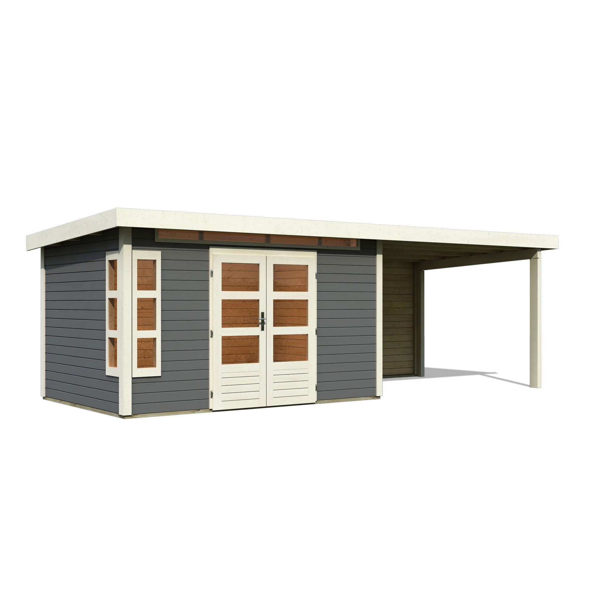 Gartenhaus-Set 'Mastorf 7' terragrau mit Anbaudach und Rückwand 702 x 222 x 273 cm
