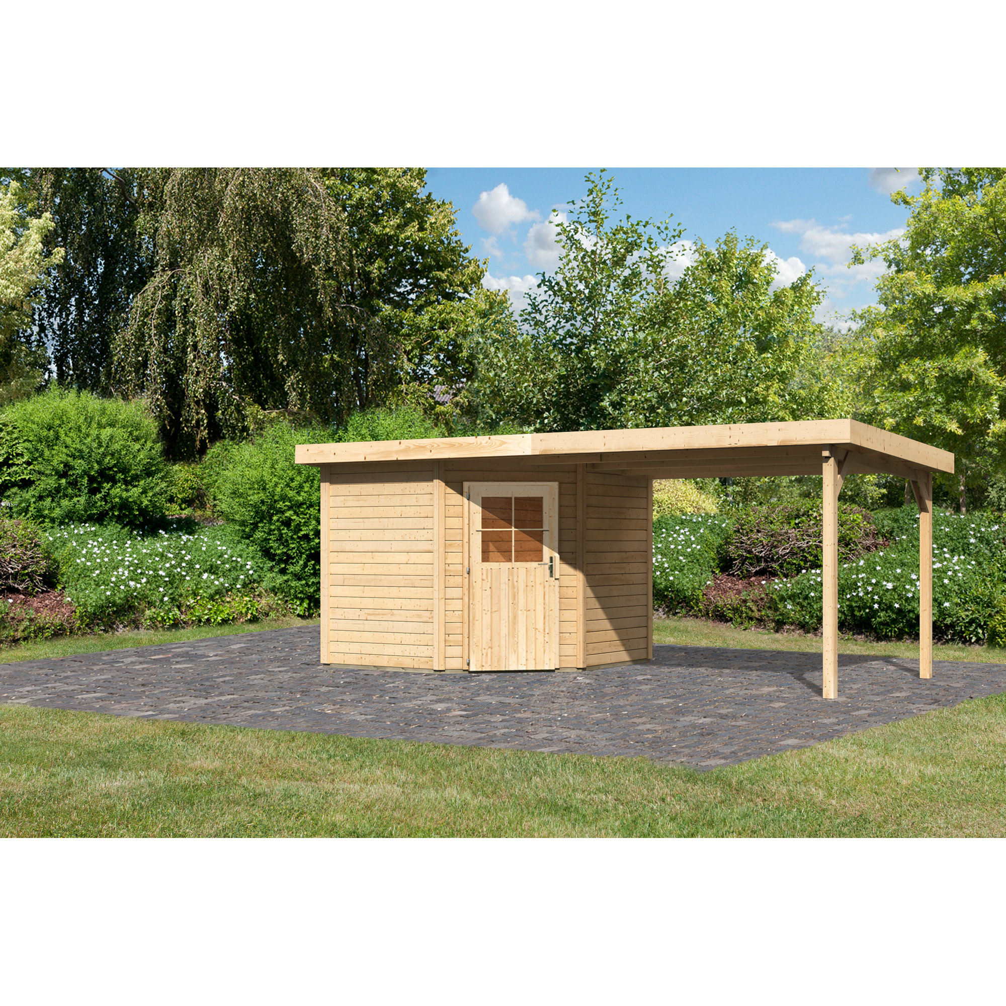 Karibu Gartenhaus-Set 'Lindow 2' naturbelassen mit Anbaudach 582 x 222 x 273 cm