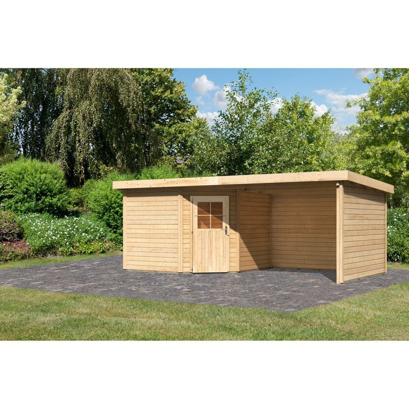 Gartenhaus aus Holz mit Pultdach und Anbauschuppen