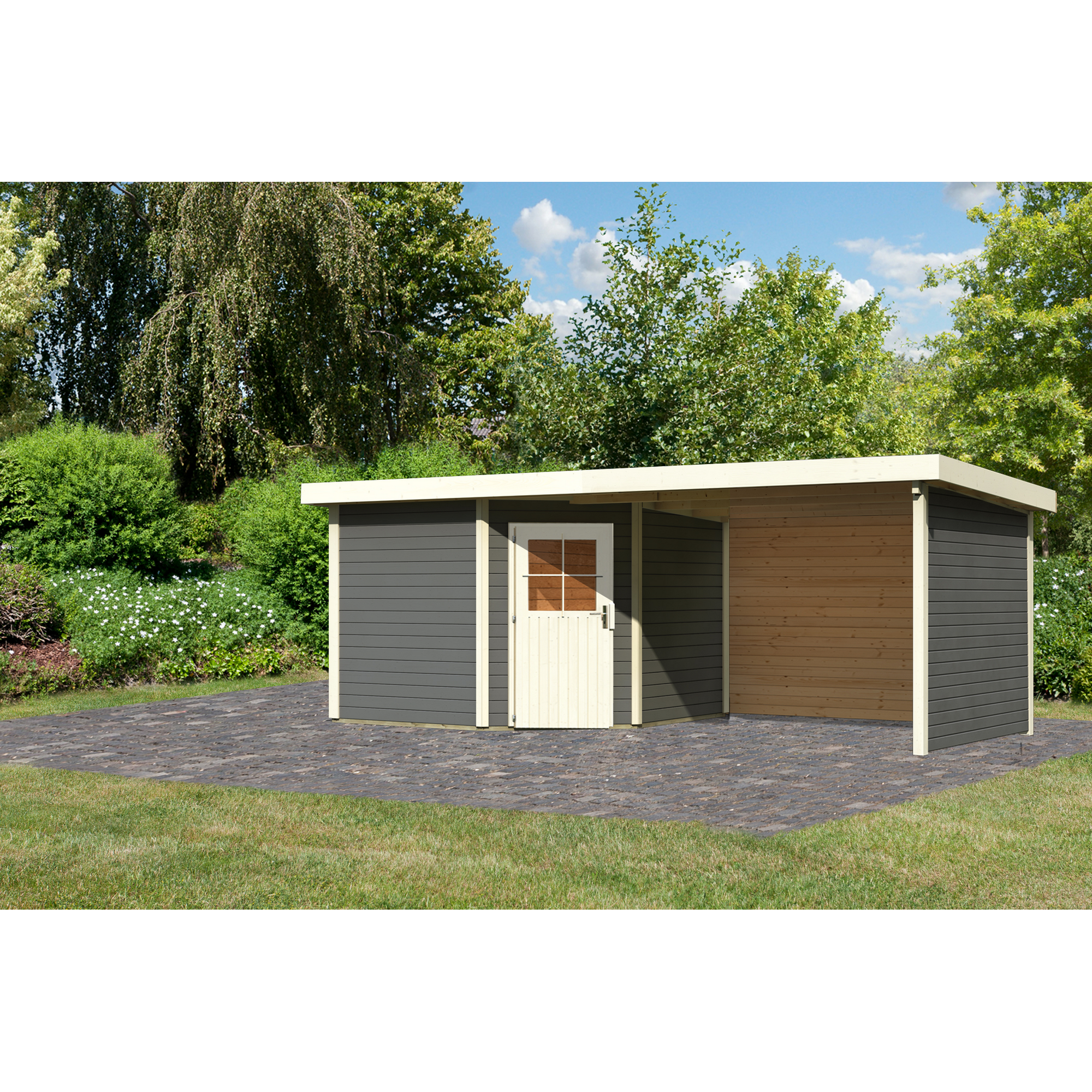 Gartenhaus-Set 'Lindow 3' terragrau mit Anbaudach , Seiten- und Rückwand 612 x 222 x 303 cm