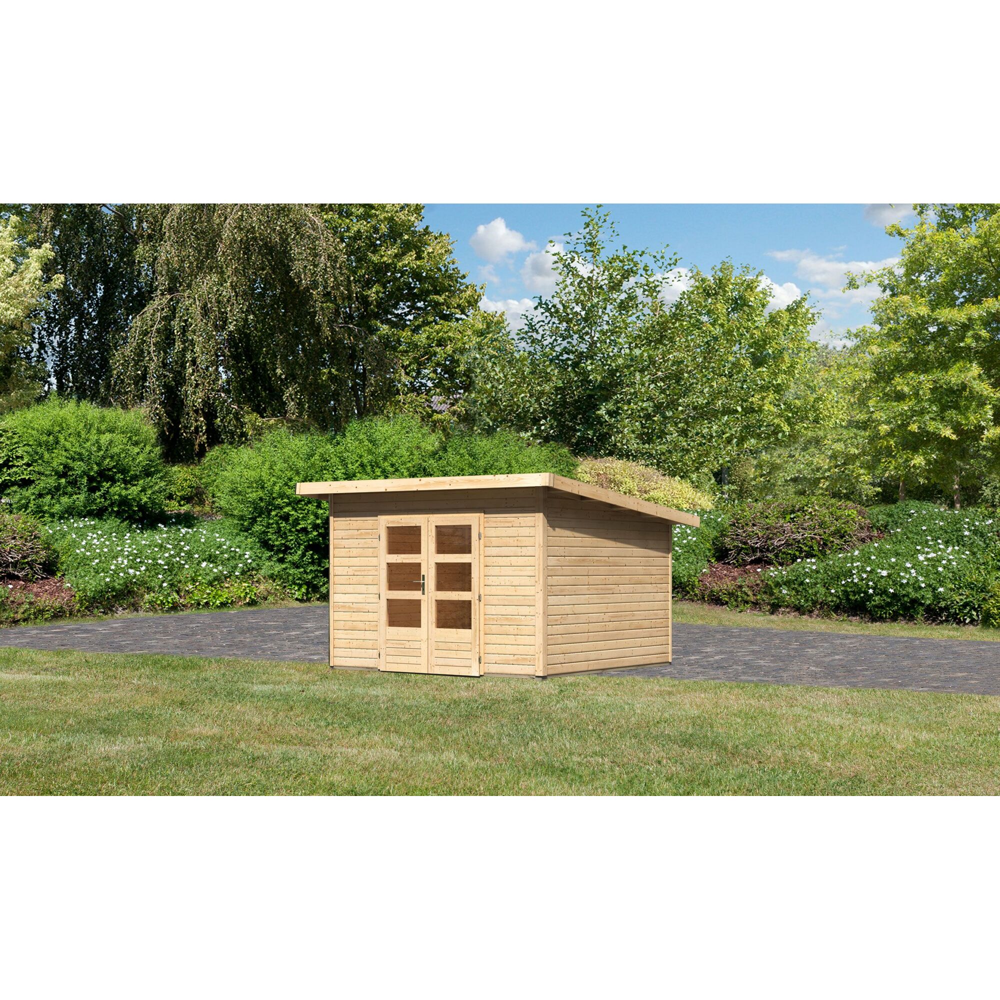 Gartenhaus aus Holz mit begrünten Dach